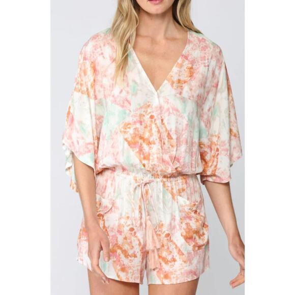 Anthropologie Fate Tie-Dye Kimono Sleeve Wrap Romper SZ M Pastel Multicolor - Picture 2 of 10